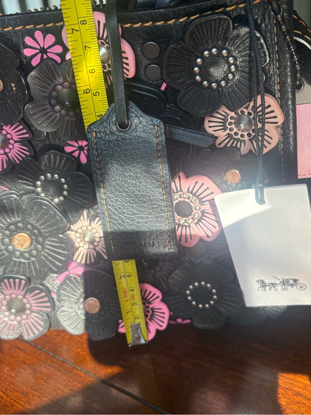 Coach Rouge 1941 Black Leather Satchel with Tea Rose Pink Floral Appliqués - Picture 7 of 9